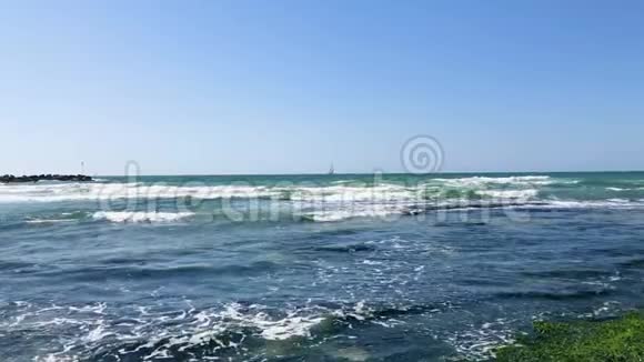 阳光明媚的一天在海的地平线上的帆船用淤泥石冲洗的波浪视频的预览图