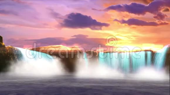 清晨瀑布落在五颜六色的云层之间视频的预览图