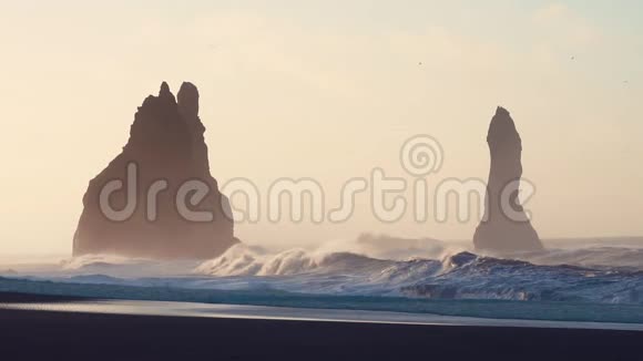 冰岛海鸥黎明山黑色海滩风暴波100英尺视频的预览图