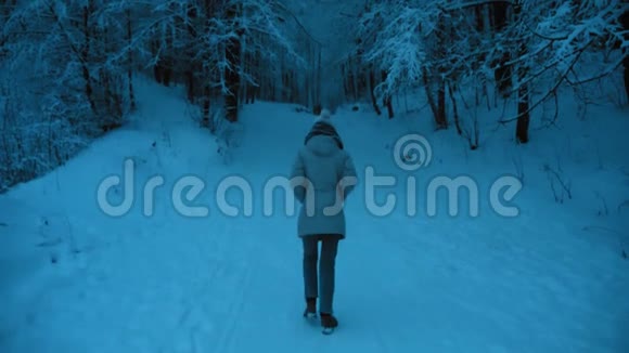 傍晚在雪林中散步的年轻旅游女孩的肖像视频的预览图