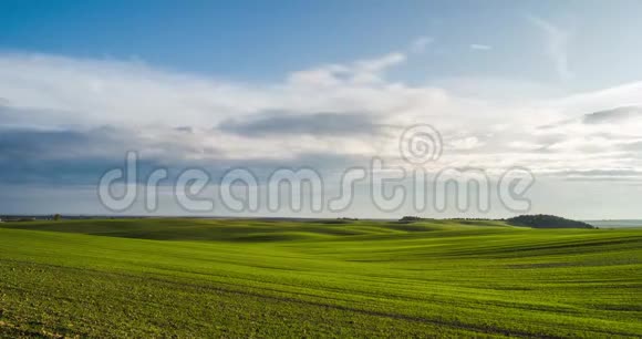 绿色的山丘4春天有晴云的天然年轻麦田K的时间流逝蓝色多云天气下无尽的绿野视频的预览图