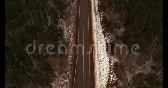 俯视空中乡间小路上的交通拖车和汽车在树林间的道路上视频的预览图