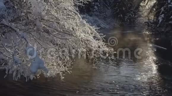 浮空降低于流动水域在斯坦米冬季风景视频的预览图