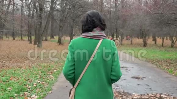 秋天的一天一个女人走公园的走道人们走慢速的视线从后面视频的预览图