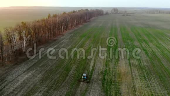 鸟瞰农业拖拉机在日落时犁田视频的预览图