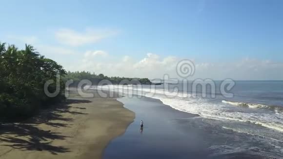 一个人骑着摩托车在宽阔的沙滩上踏着被绿树环绕的海浪视频的预览图