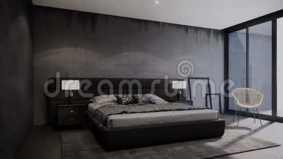 带家具的黑色卧室室内设计现代阁楼风格旋转镜头视频超高清4K3840x21603D动画视频的预览图