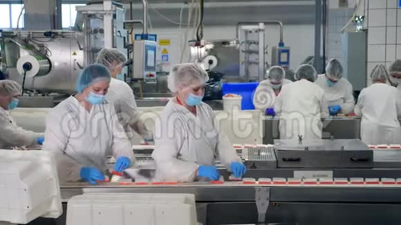 工厂工人穿着防护服包装食品女员工把鱼零食放在腰带上视频的预览图