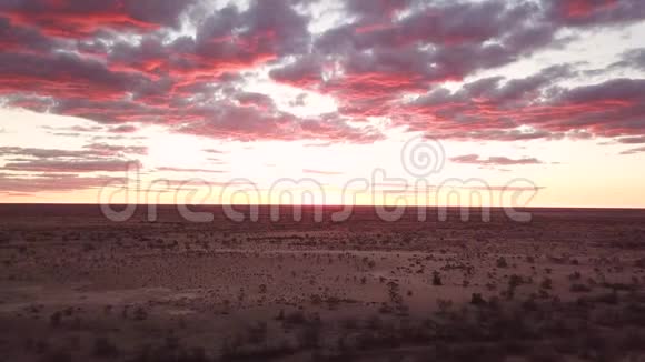 干旱的澳大利亚内陆沙漠景观上空多云的紫色日落视频的预览图