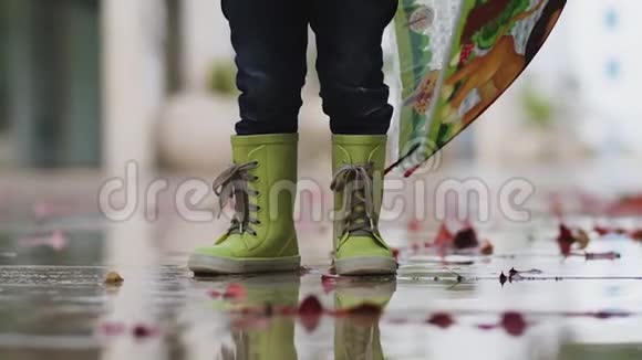 雨中穿着橡胶靴的小男孩站在水坑里视频的预览图