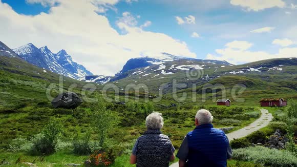 在挪威山区旅行的老夫妇成熟的男人和女人欣赏美丽的山峰和雪视频的预览图
