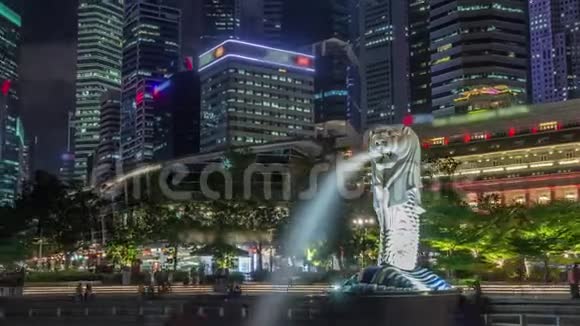 鱼尾狮喷泉和新加坡天际线夜间延时超移视频的预览图