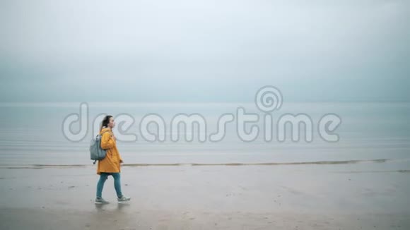 秋天一位游客在海滩上散步坏天气视频的预览图