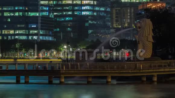 鱼尾狮喷泉和新加坡天际线夜以继日视频的预览图