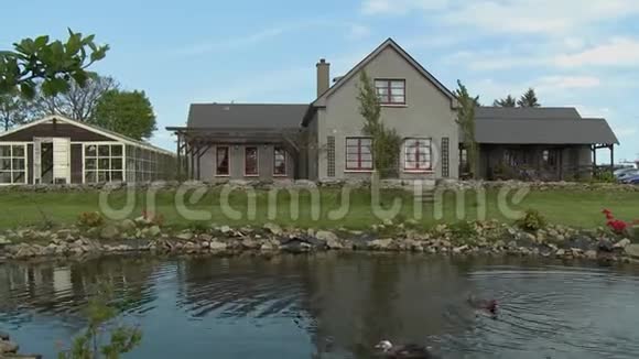 房子旁边的池塘里的鸭子视频的预览图