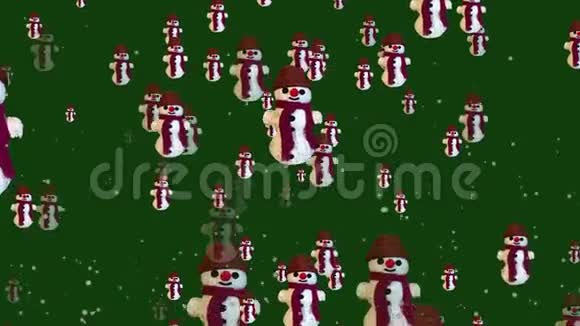 戴着帽子和围巾的雪人飞行背景绿色屏幕上的动画色度键无缝环4k运动图形视频的预览图
