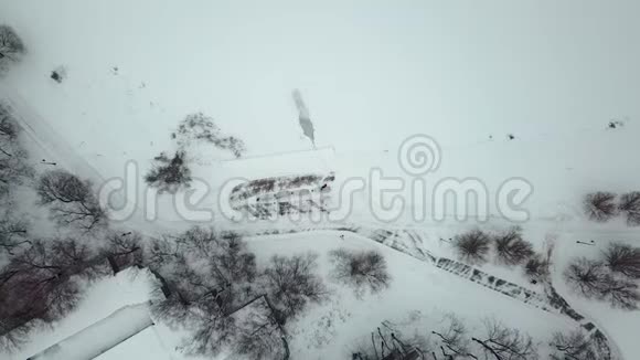 冬季公园湖岸的空中俯视图视频的预览图