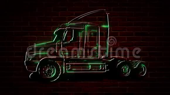 霓虹灯发光的长车辆标志在砖墙背景上视频的预览图