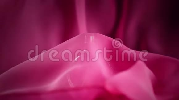 椭圆形表面的一瓶粉红色香水或精油在桌子上的粉红色布下粉红色的织物突然飘散视频的预览图