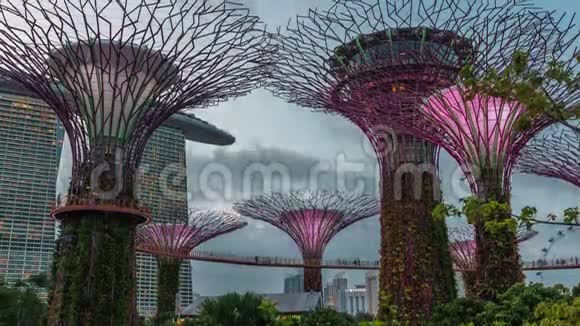 未来派的鸟瞰令人惊叹的照明花园在海湾白天到夜晚时间在新加坡视频的预览图