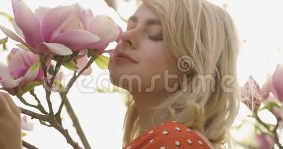 年轻迷人的女人的肖像一头金色的头发在花树之间有粉红色的花瓣年轻漂亮视频的预览图