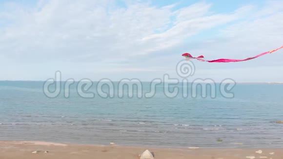 蓝天上的彩色风筝向蓝天白云和龟海发射风筝视频的预览图