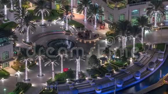 迪拜码头步行与喷泉和棕榈空中俯瞰夜景时间推移视频的预览图