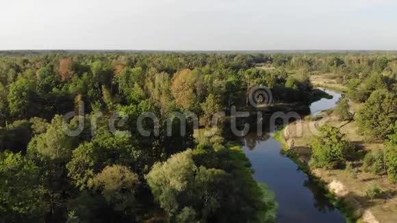 蜿蜒的河流穿过一片绿色的森林从一辆直升机上射击视频的预览图