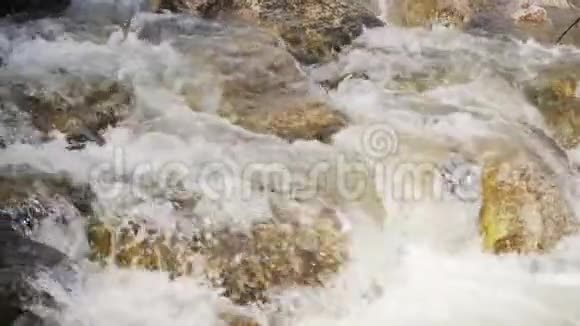 泉水在泉水中流过形成白波的岩石特写细节慢镜头视频的预览图
