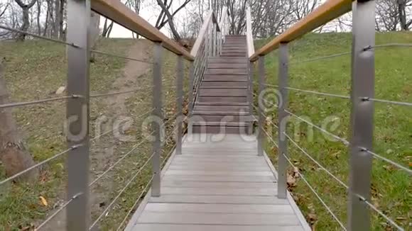 带栏杆摄像机的秋季木地板楼梯向前走视频的预览图