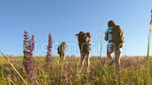 远足女孩走向胜利团队旅行者快乐的妈妈和女儿一个小婴儿穿越田野视频的预览图