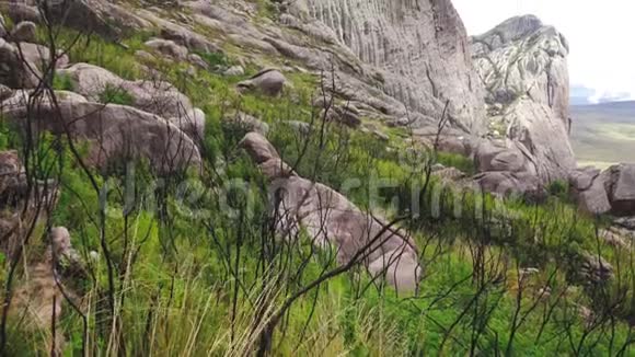 在AndringitraMassif的陡峭岩石上寻找就像在徒步旅行中看到的博比又称伊马里沃兰特拉是最高的可到达的山峰视频的预览图