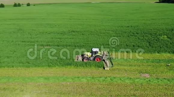 为干草修剪新鲜青草的拖拉机视频的预览图