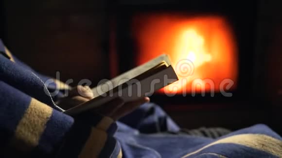 冬天壁炉前看书舒适温馨的家近火温暖视频的预览图
