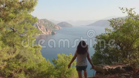 旅行妇女伸展双手在悬崖上的山湖景观旅游妇女享受迷人的风景视频的预览图