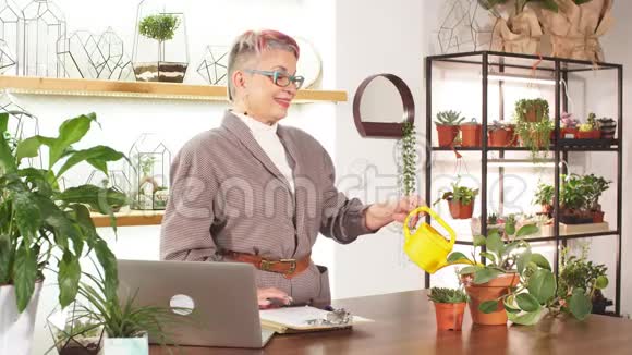 热心的女商人在办公室给植物浇水视频的预览图