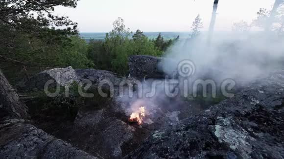 松树森林山顶的烟熏壁炉大石头森林上空的概述瑞典北部安斯马克森林视频的预览图