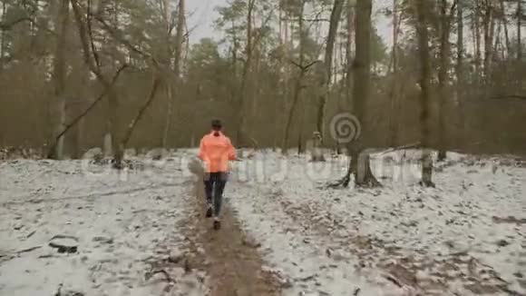 女人在公园训练自信的女运动员穿着蓝腿和橙色夹克在冬季森林跑步后侧跟随观看视频的预览图