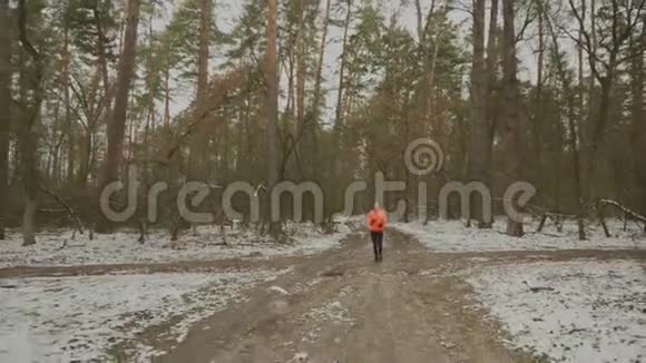 公园里的运动员训练精力充沛的女人穿着橙色夹克和蓝色腿在冬天的森林里晨跑职业介绍所视频的预览图