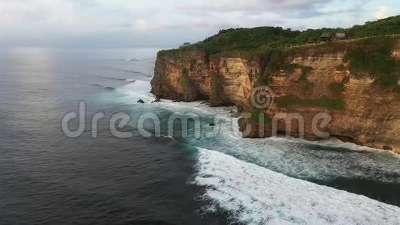 从无人驾驶飞机上俯瞰壮丽的海岸悬崖覆盖着绿色植物和植被亚洲景观景观视频的预览图