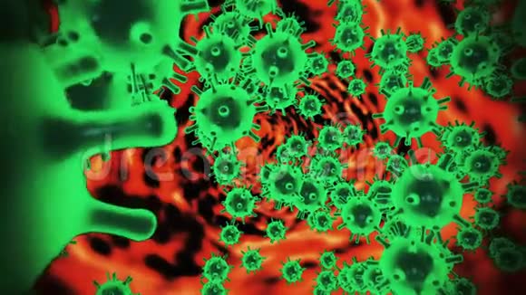 冠状病毒2019nCOV细胞在有机体血管中呈现为黑色背景下的霓虹绿色细胞概念视频的预览图