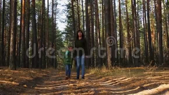 一位快乐的母亲牵着儿子的手穿过森林可爱的小男孩和妈妈一起走散步和旅行视频的预览图