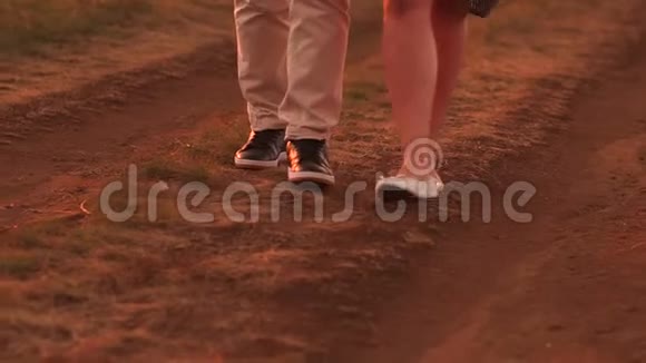 一对相爱的情侣在夏天日落时沿着乡间小路散步视频的预览图