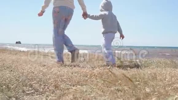 白种人的母亲和四岁的男孩在潮湿的石头上缓慢地行走享受着傍晚的阳光视频的预览图