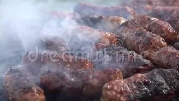 4烧烤煎鲜肉河边烧烤山上野餐视频的预览图