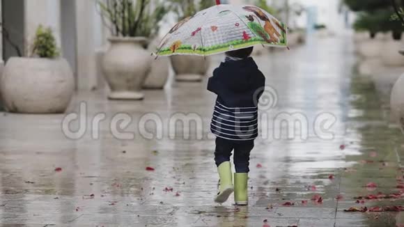 一个穿着橡胶靴的孩子在雨中手里拿着喇叭走路视频的预览图