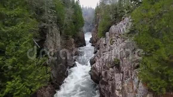 无人机在茂密的森林中向上游移动Aguasabon瀑布加拿大安大略省视频的预览图