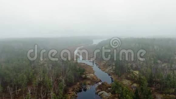 无人机照相机接近被森林和水上方浓雾覆盖的地平线加拿大马尼托巴省麦克吉利夫雷瀑布视频的预览图