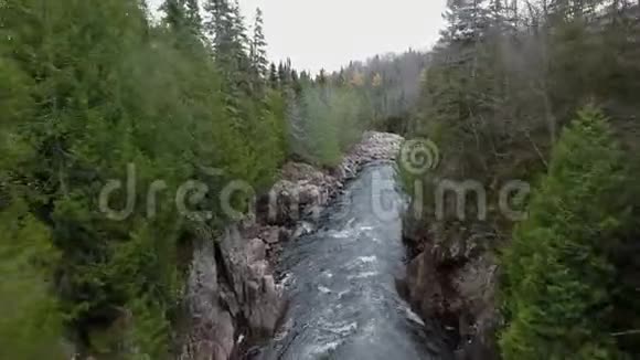 河流山脉和茂密的秋林弯曲的空中镜头Aguasabon瀑布加拿大安大略省视频的预览图