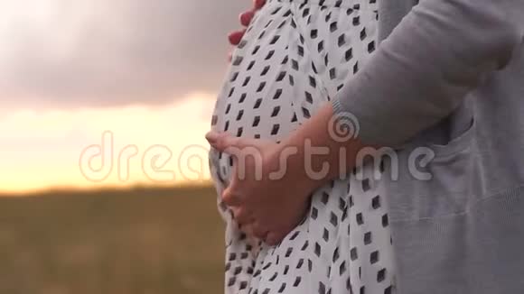日落时分一个怀孕的女孩用手抚摸着她的胃视频的预览图